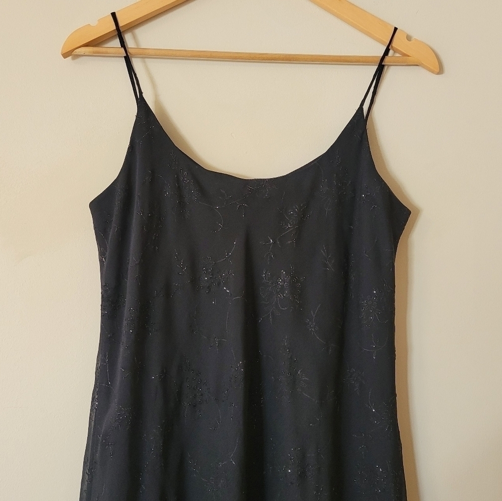 Vintage Y2K Sheer Overlay Asymmetrical Hem Slinky Goth Midi Formal Dress Size 10 - Picture 5 of 9